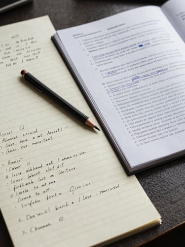 Overhead close-up of a desk surface: handwritten notes on loose paper, a screenplay printed and annotated in pencil, a podcast script folded open — natural daylight from the upper-left, textures sharp, no hands visible