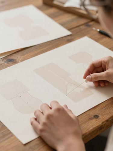 Over-the-shoulder shot of hands neatly arranging printed sewing paper molds on a rustic wooden table, soft natural daylight, warm sienna tones, shallow depth of field