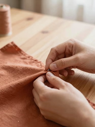 Close-up of hands neatly sewing a terracotta fabric on a wooden table, soft natural morning light, warm domestic environment, shallow depth of field