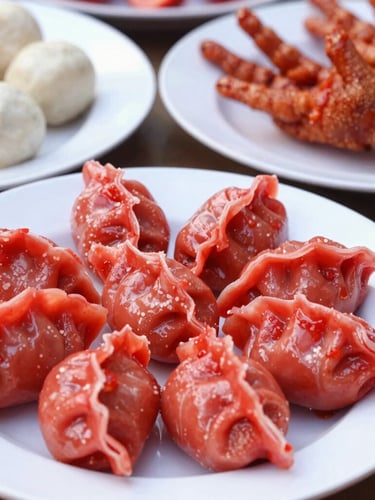 Close-up portrait shot of fresh raw seblak toppings like cheese dumplings, fishballs, and tender chicken feet arranged neatly on clean white ceramic plates, bright natural daylight