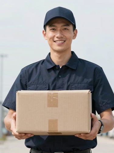 Eye-level portrait of a professional courier in a neat dark uniform holding a clean package, bright overcast midwestern daylight, smiling confidently, shallow depth of field