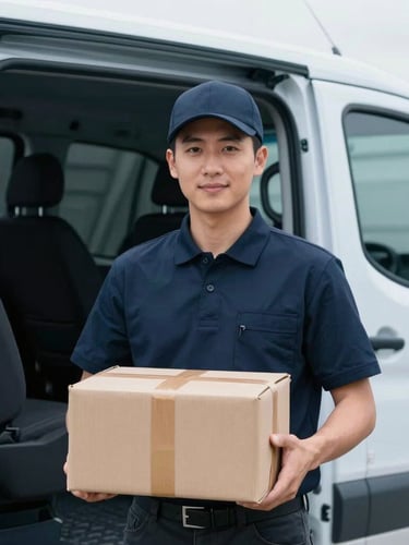 Eye-level portrait of a professional courier in a neat dark uniform standing beside an open cargo van, holding a secure package, bright overcast midwestern daylight, cool blue tones, sharp focus