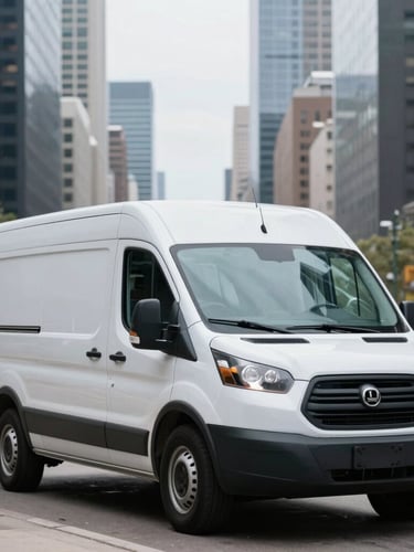 Medium shot of a clean white cargo van in transit through a bright overcast Chicago street, skyscrapers blurred in the background, cool steel tones, sharp focus, 35mm