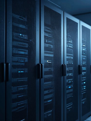 Sleek architectural photography of a high-security server room, cool dramatic studio lighting, deep blue and cyan tones, sharp focus, 35mm