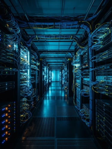 Wide cinematic shot of a high-contrast server environment, deep blue and cyan backlighting, sharp focus, technical cables, no text.