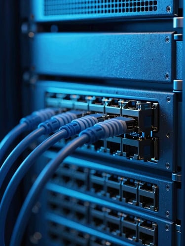 Macro shot of a server rack with blue and cyan backlighting, sharp focus on network cables, sleek architectural photography, cool dramatic studio lighting, deep blue and cyan tones, 35mm