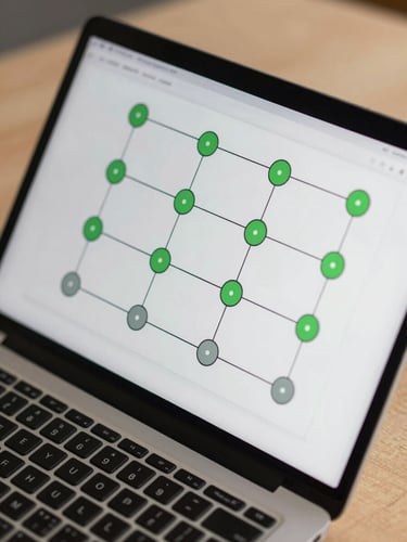 Close-up overhead shot of a laptop screen showing an automation workflow diagram with connected nodes and green status indicators, clean desk surface visible at edges, high contrast studio lighting, technical precision framing