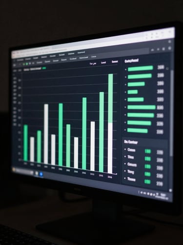 Wide shot of an ad performance analytics dashboard on a dark monitor, bar charts and cost-per-lead metrics glowing in green and white, minimal shadows, high contrast digital-first framing