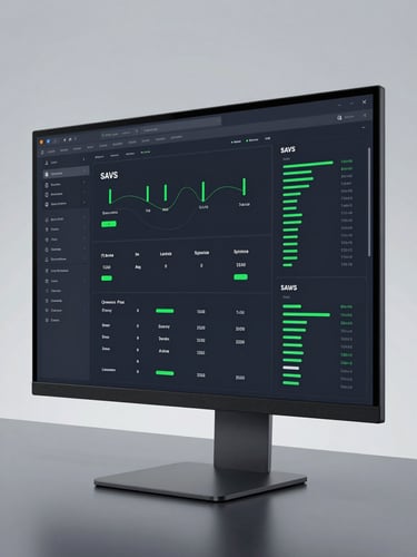 Wide dark SaaS dashboard on a large monitor screen, neon green status indicators and data flow lines visible in the UI, clean studio lighting, high contrast, minimal background, shot from slight angle showing depth of the screen