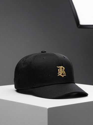Single black structured cap positioned upright on a white studio plinth, studio strobe from the upper right casting a sharp shadow, gold embroidery on the front panel sharply in focus, minimal depth of field, charcoal gradient behind