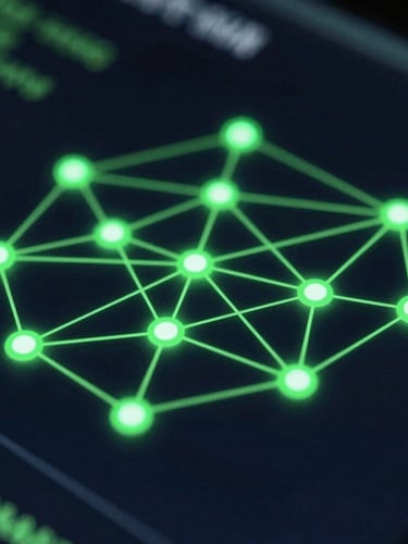 Macro technical photograph of a structured node-based network diagram glowing with sharp neon-green indicators on a dark terminal screen.