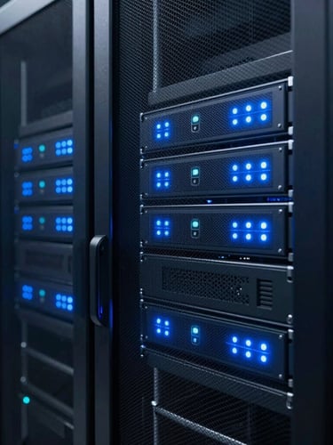 Sleek server racks in a cool-toned data center, low-key ambient light with a sharp neon-blue glow from system indicators.