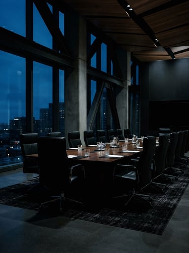 Cinematic low-key photography of a high-end empty boardroom at dusk, cold silver and onyx tones, dramatic architectural framing, 35mm