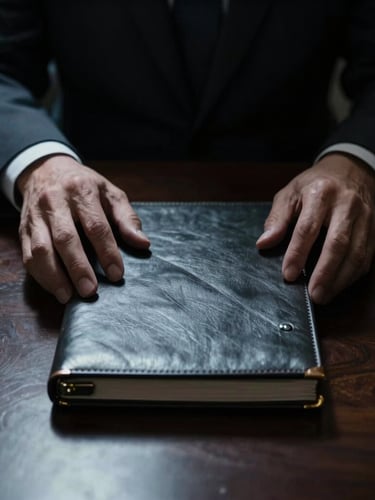 Close-up of hands in dark suits closing a secure leather document case on a dark mahogany table, dramatic low-key chiaroscuro lighting, cold silver tones
