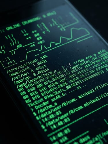 Extreme macro shot of an Android screen displaying a minimalist, monospaced launcher interface with sharp neon green text, dark background, 35mm lens focus.