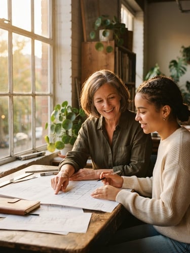 A warm editorial portrait of a mentor and a young adult reviewing plans together near a bright window, golden-hour light, 35mm.