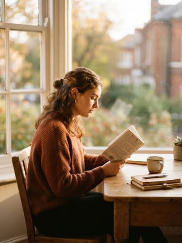 A young student sitting at a wooden desk near a large window, focused on reading a book, warm natural golden-hour light, shallow depth of field, 35mm style.