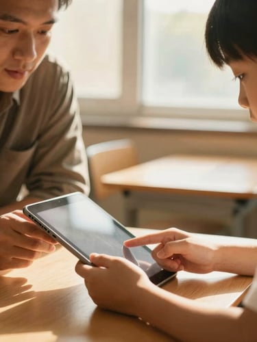 A warm close-up of hands-on collaboration, a mentor and student looking over a digital tablet in a sunlit classroom, shallow depth of field, 35mm