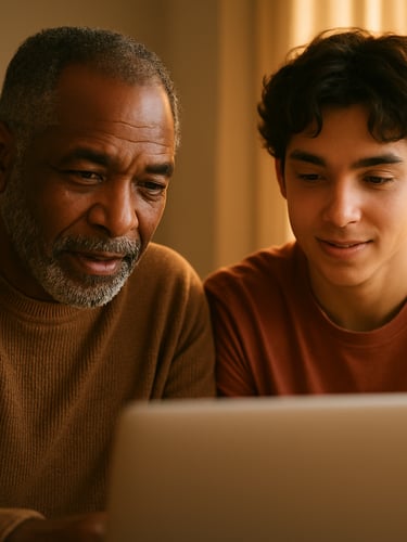 A warm close-up of a mentor and teenager looking over a laptop in a bright room with golden window light, 35mm photography