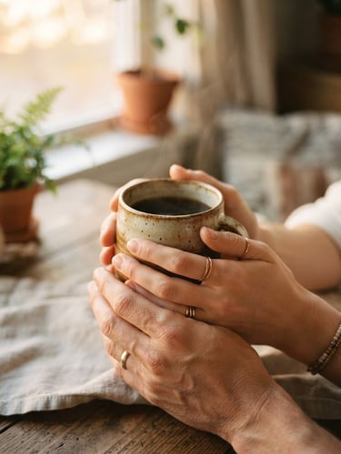 A close-up of two hands holding a warm ceramic mug, soft window light casting gentle shadows, calm organic tones, shallow depth of field, 35mm