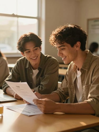 Warm golden-hour editorial photo of a mentor and a young adult reviewing a resume together in a sunlit community center, smiling and focused, 35mm