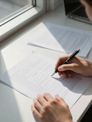 Close-up overhead shot of hands reviewing printed financial statements spread across a wide desk, a mechanical pencil resting on the paper, north-facing office window light casting clean parallel shadows across the documents, no people visible above the wrists