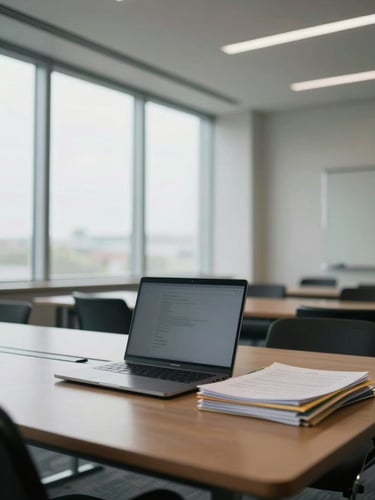 Wide environmental shot of an empty conference room interior, a closed laptop and stacked folders on the table, diffused north-facing daylight through floor-to-ceiling windows, architectural geometry of the room visible in the background, no people