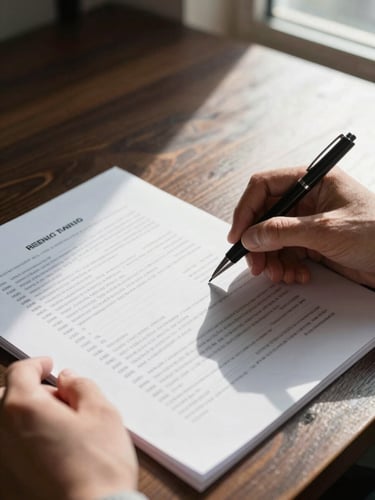 Close-up of hands turning pages of a financial contract on a dark wood desk, north-facing window light casting sharp shadows across printed columns of figures, one hand holding a pen mid-annotation, no faces visible