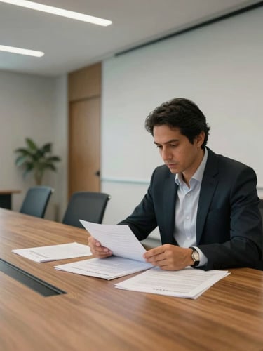 Wide environmental portrait of a modern corporate training room in Mexico City, a focused professional reviewing official documents at a clean wooden table, soft natural side lighting, minimalist architectural lines.