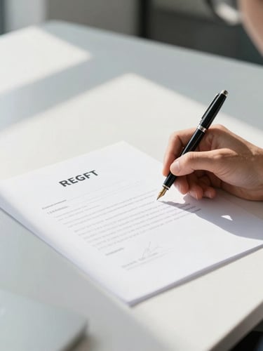 A close-up of a modern, bright office desk. A professional candidate's hand is signing an official certificate next to a fountain pen. Natural daylight streams from the left, creating sharp, clean shadows. Minimalist, premium corporate atmosphere.