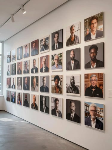 Full editorial campaign spread installed on a gallery wall, wide environmental shot showing work at scale, soft north-facing daylight, no people in frame, slight depth in the room visible