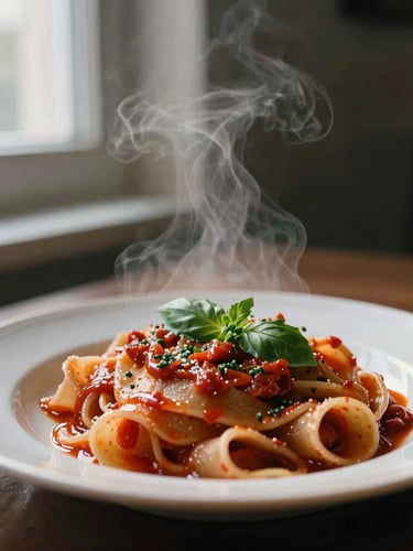 A close-up of steam rising from a freshly plated handmade pasta dish, warm Scandinavian daylight from a side window, soft shadows, 35mm film aesthetic.