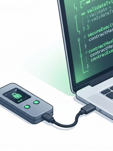 Close-up of a sleek, modern hardware wallet connected to a laptop displaying secure smart contract code snippets, with a subtle green glow from the screen, high-key studio light, clean white backdrop.