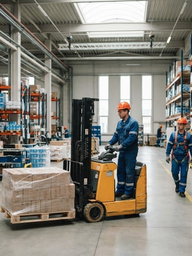 Bright natural daylight industrial warehouse floor, professional workers in blue uniforms and orange safety helmets operating machinery, crisp focus, 35mm lens