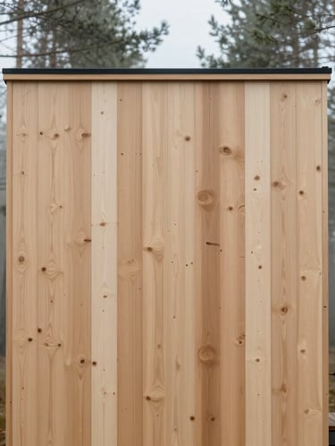 Straight-on eye-level architectural crop of a minimalist timber tiny house facade in a misty pine forest, soft overcast daylight, focus on vertical wood grain.