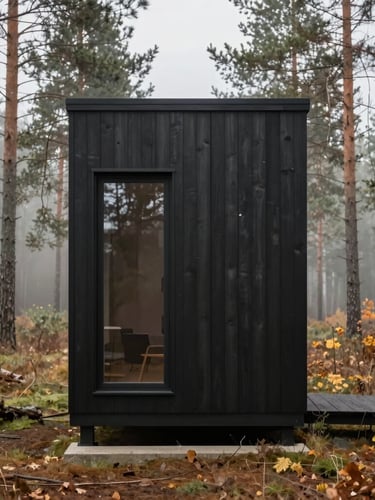 Straight-on eye-level architectural photograph of a minimalist timber tiny house clad in dark stained wood, set against a misty pine forest in autumn, soft overcast daylight, 35mm lens.