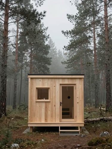Straight-on architectural eye-level shot of a minimalist timber tiny home nestled in a misty pine forest, soft overcast daylight, 35mm lens