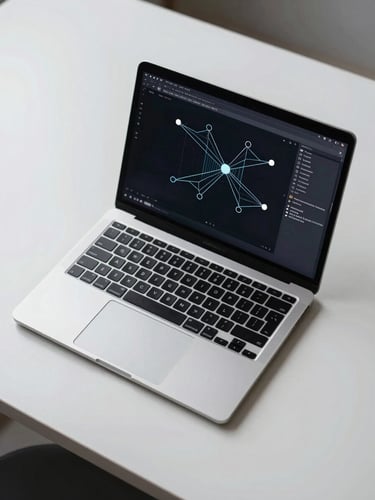 Wide overhead view of a clean desk with an open laptop displaying a dark-mode architecture diagram, cool studio strobe lighting, high contrast, geometric node-and-edge flow visible on screen, no people