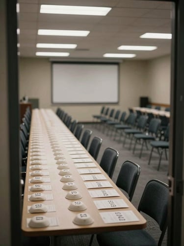 Wide environmental interior shot of an organized auction room before bidding opens — rows of numbered bidding paddles laid flat on a long registration table, overhead fluorescent lighting casting even neutral light across the space, empty chairs arranged in precise rows in the background, a blank projection screen at the far end, no people, no clutter. Framing: shot from the doorway looking toward the front, table fills the left third, chairs recede to the right, strong geometric perspective lines.