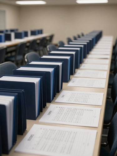 Wide environmental view from the right side: an organized auction transaction desk photographed at slight angle, bid sheets and numbered lot folders arranged in precise rows under neutral overhead fluorescent light, empty bidder chairs visible in the soft background, deep navy folder spines catching a steel-blue glint — no people, no celebration, no clutter