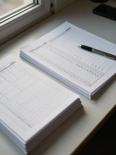 Close overhead study of a transaction desk setup: numbered auction lot folders stacked in precise sequence beside a printed bid register, a pen resting on a blank receipt form, flat north-facing daylight from a side window casting soft even shadows — no hands, no faces, no devices, no clutter outside the transaction materials