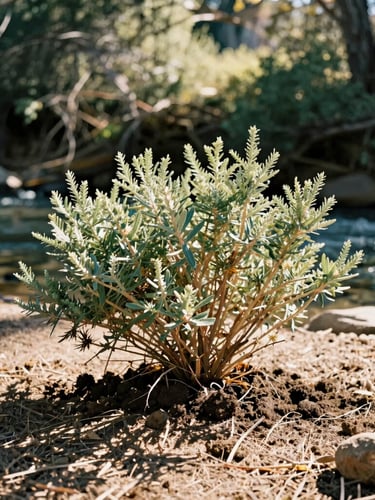 A volunteer planting a native California shrub in a sunny creek bed, soft dappled forest light, warm editorial photography, 35mm film style