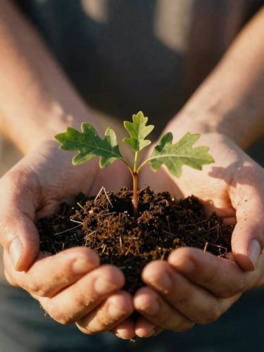 Close-up of hands holding rich dark soil with a small green oak sprout, warm golden-hour California sunlight, shallow depth of field, 35mm film style