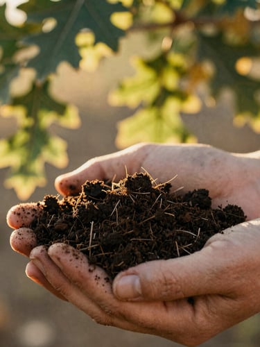Close-up macro shot of hands holding rich dark California soil, warm golden-hour sunlight filtering through oak leaves, shallow depth of field, 35mm film style