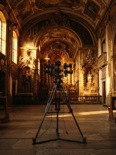 Cinematic wide-angle shot of a professional VR 360 camera rig on a tripod inside a historic baroque church in Minas Gerais, dramatic golden hour light streaming through tall windows, rich contrast, deep shadows, professional 35mm film look.