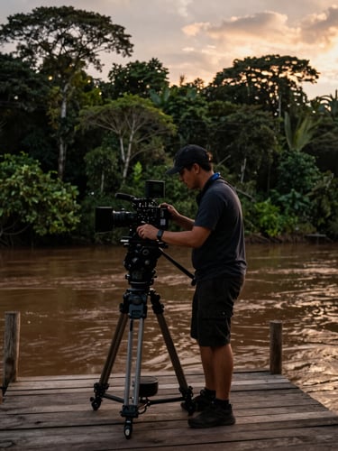 Documentary photograph of a camera operator adjusting a multi-lens 360 camera on a wooden river dock at sunset, lush Amazonian forest in the background, dramatic natural light, professional 35mm film look.