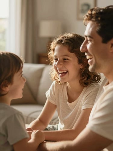 A warm close-up of a Portuguese family laughing together in a sunlit living room, soft golden light, shallow depth of field.