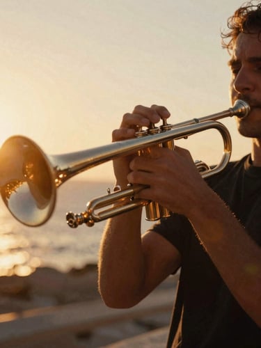 Dynamic low-angle close-up of a trumpet player performing under golden hour Mediterranean light, warm lens flares, motion blur, 35mm film grain.