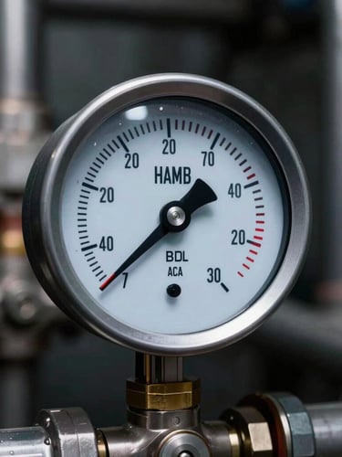 Close-up of a high-contrast digital manifold gauge showing pressure readings in a dark industrial chiller room