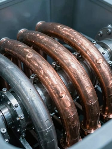 Extreme close-up of a corrosion-resistant copper-nickel sea-water condenser tube bundle inside a massive marine chiller, sharp technical details, cool steel tones.